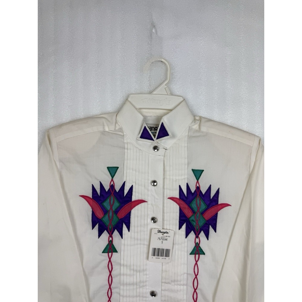 NWT Vtg Wrangler Western Tuxedo Shirt Women White  Embroidered Aztec Sz. Small